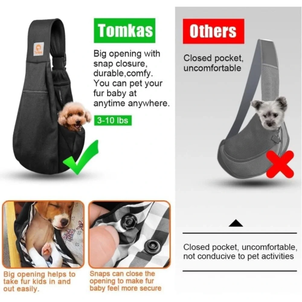 Tomkas Small Dog Sling Puppy Carrier Adjustable/Reversible Strap/Zip Pocket Sz:S
